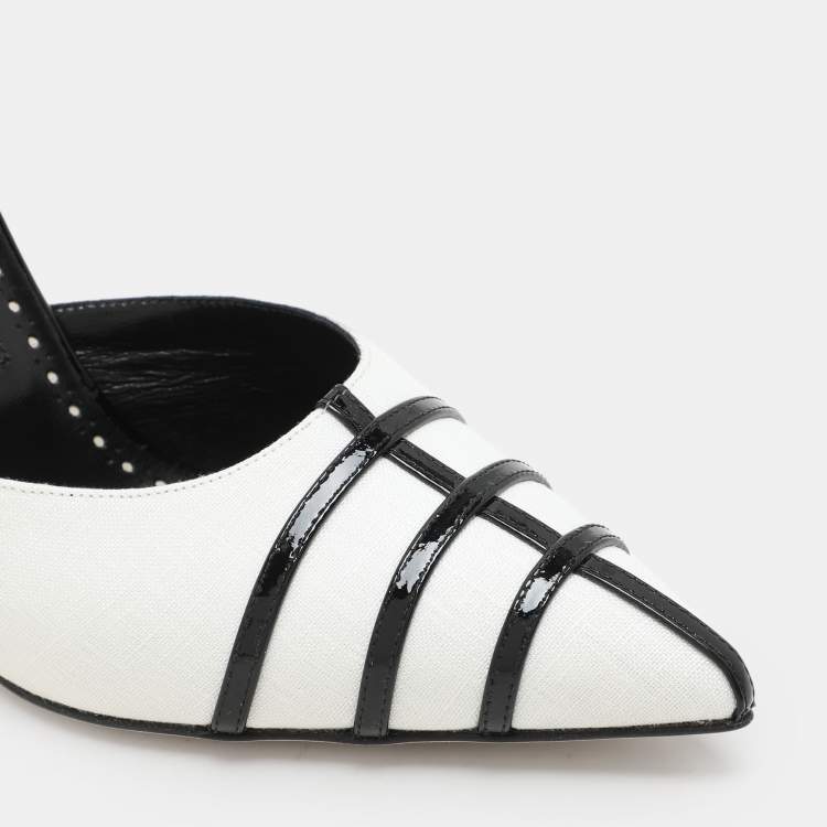 Pre Owned Manolo Blahnik White/Black Canvas and Patent Leather Ankle Strap Sandals Size 37
