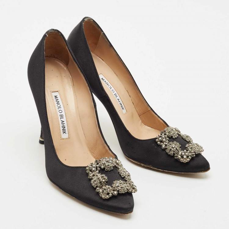 Pre Owned Manolo Blahnik Black Satin Hangisi Pumps Size 37