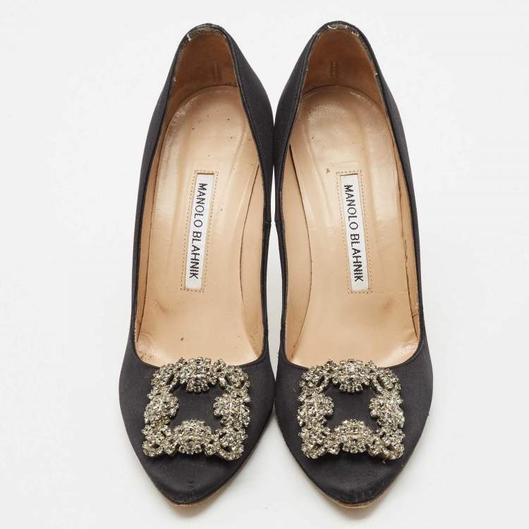 Pre Owned Manolo Blahnik Black Satin Hangisi Pumps Size 37