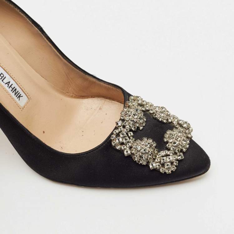 Pre Owned Manolo Blahnik Black Satin Hangisi Pumps Size 37