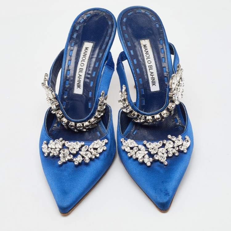 Pre Owned Manolo Blahnik Blue Satin Crystal Embellished Lurum Pointed Toe Mules Size 40