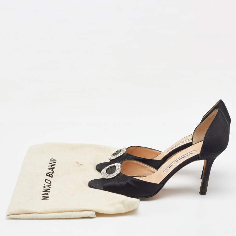 مملوكة مسبقًا Manolo Blahnik Black Satin Pleated Sedaraby D'orsay Pumps Size 37.5