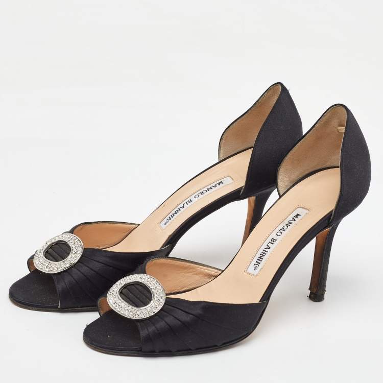 مملوكة مسبقًا Manolo Blahnik Black Satin Pleated Sedaraby D'orsay Pumps Size 37.5