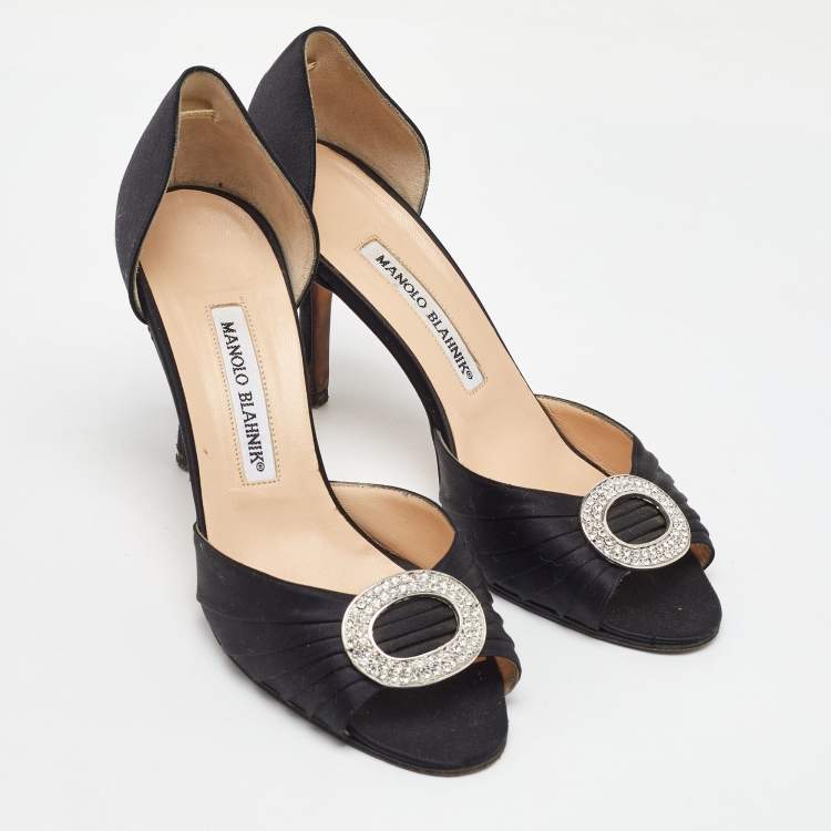 مملوكة مسبقًا Manolo Blahnik Black Satin Pleated Sedaraby D'orsay Pumps Size 37.5