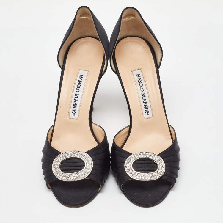 مملوكة مسبقًا Manolo Blahnik Black Satin Pleated Sedaraby D'orsay Pumps Size 37.5