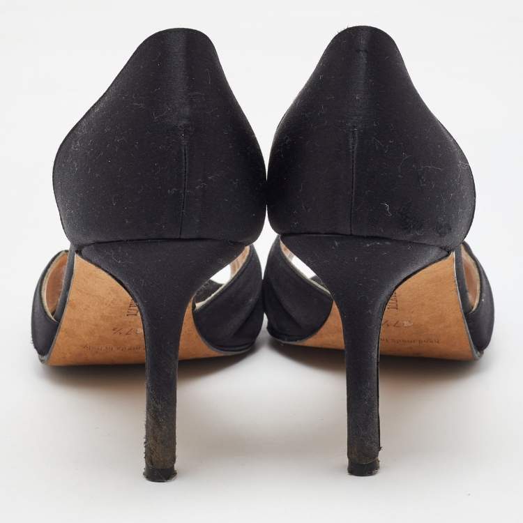 مملوكة مسبقًا Manolo Blahnik Black Satin Pleated Sedaraby D'orsay Pumps Size 37.5