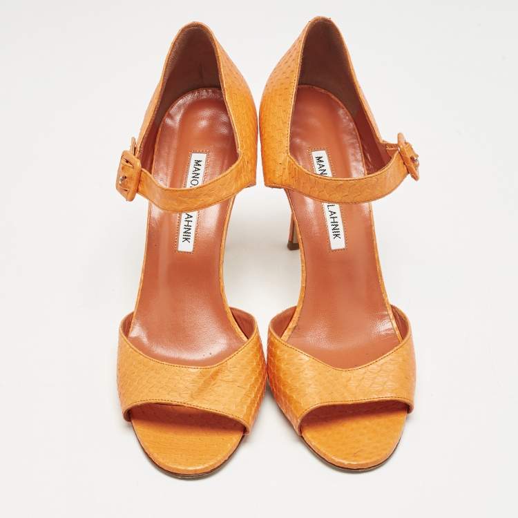 Pre Owned Manolo Blahnik Orange Snakeskin Embossed Leather Ankle Strap Sandals Size 38