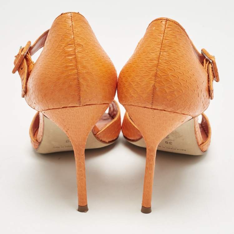 Pre Owned Manolo Blahnik Orange Snakeskin Embossed Leather Ankle Strap Sandals Size 38