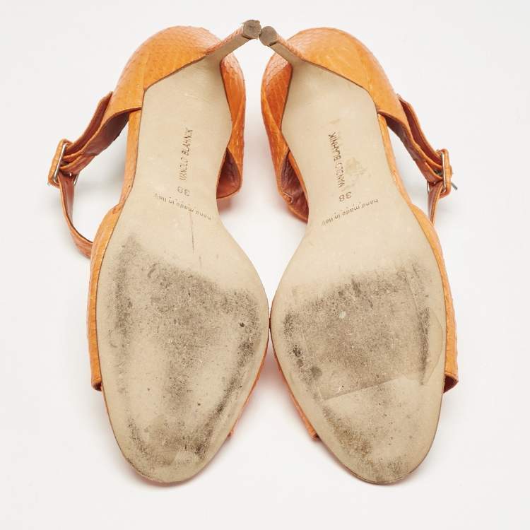 Pre Owned Manolo Blahnik Orange Snakeskin Embossed Leather Ankle Strap Sandals Size 38