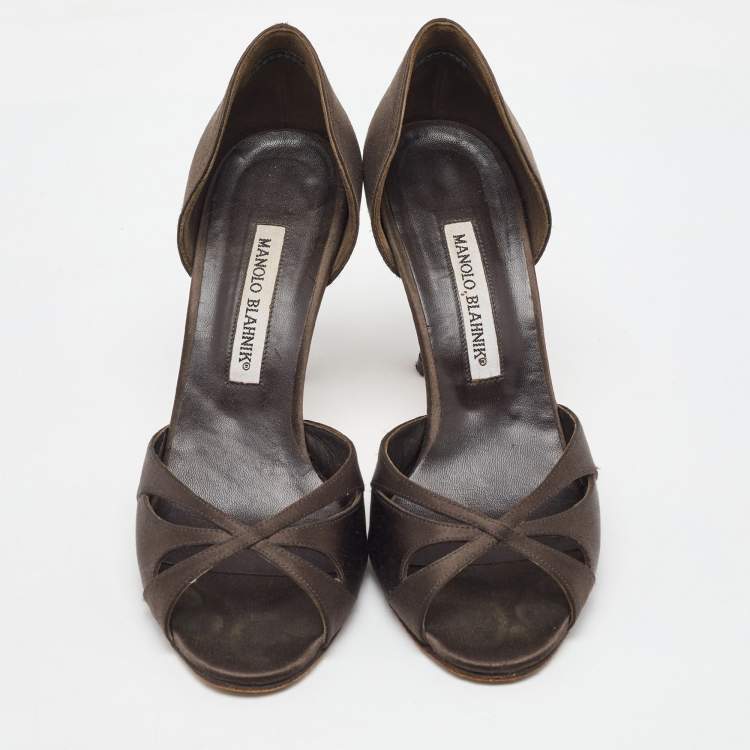 Pre Owned Manolo Blahnik Dark Brown Satin Open Toe D'orsay Pumps Size 37.5