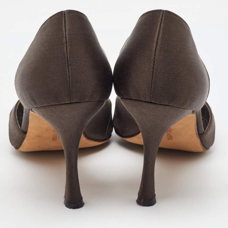 Pre Owned Manolo Blahnik Dark Brown Satin Open Toe D'orsay Pumps Size 37.5