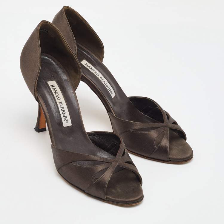 Pre Owned Manolo Blahnik Dark Brown Satin Open Toe D'orsay Pumps Size 37.5