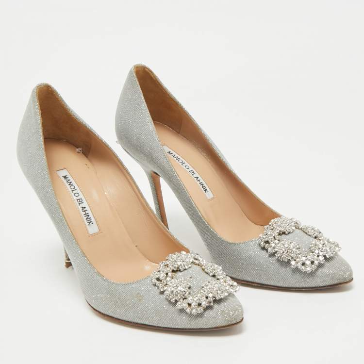 Pre Owned Manolo Blahnik Silver Lurex Fabric Hangisi Pumps Size 37.5