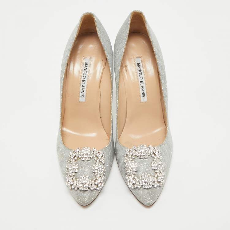 Pre Owned Manolo Blahnik Silver Lurex Fabric Hangisi Pumps Size 37.5