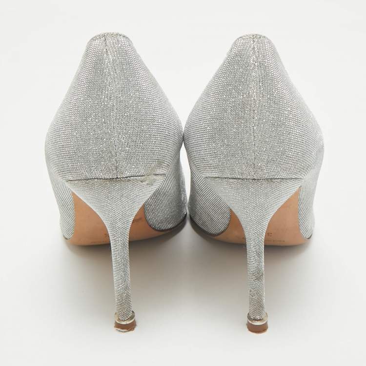 Pre Owned Manolo Blahnik Silver Lurex Fabric Hangisi Pumps Size 37.5