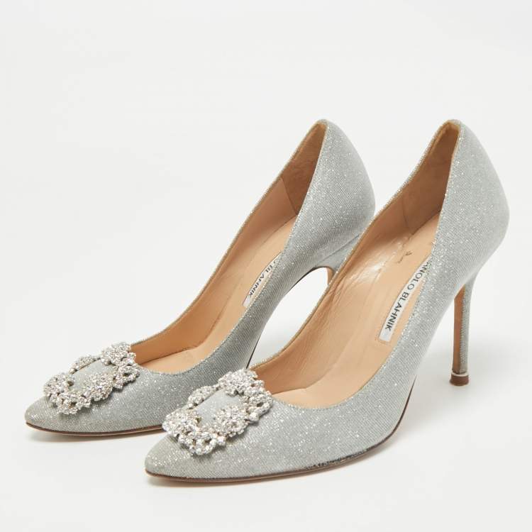 Pre Owned Manolo Blahnik Silver Lurex Fabric Hangisi Pumps Size 37.5