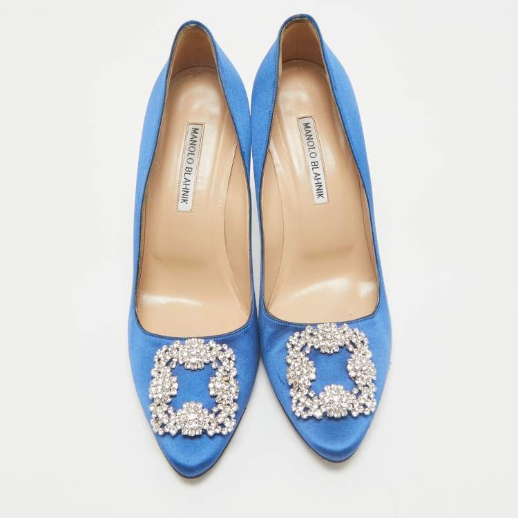 Pre Owned Manolo Blahnik Blue Satin Hangisi Crystal Embellished Pointed Toe Pumps Size 39.5