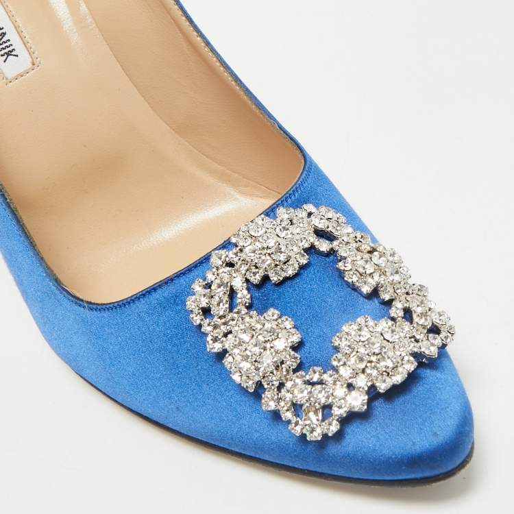 Pre Owned Manolo Blahnik Blue Satin Hangisi Crystal Embellished Pointed Toe Pumps Size 39.5