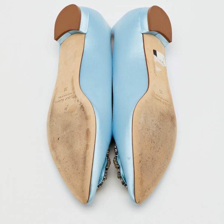 Pre Owned Manolo Blahnik Light Blue Satin Hangisi Ballet Flats Size 39
