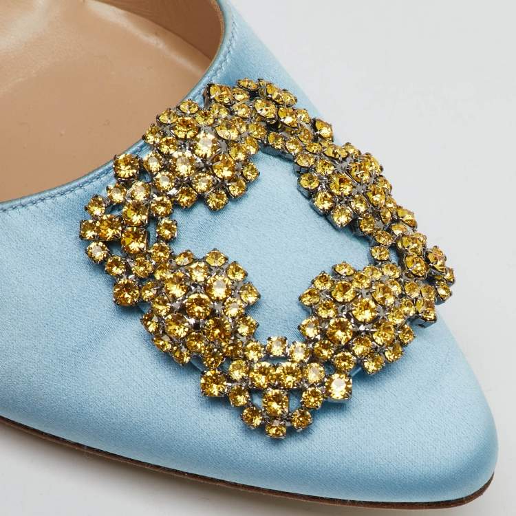Pre Owned Manolo Blahnik Light Blue Satin Hangisi Ballet Flats Size 39