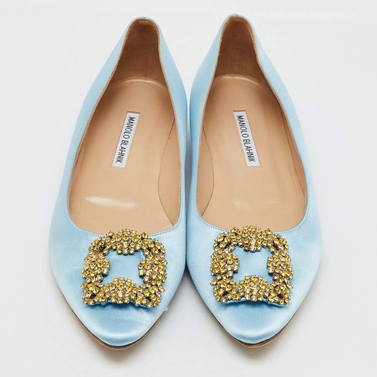 Pre Owned Manolo Blahnik Light Blue Satin Hangisi Ballet Flats Size 39