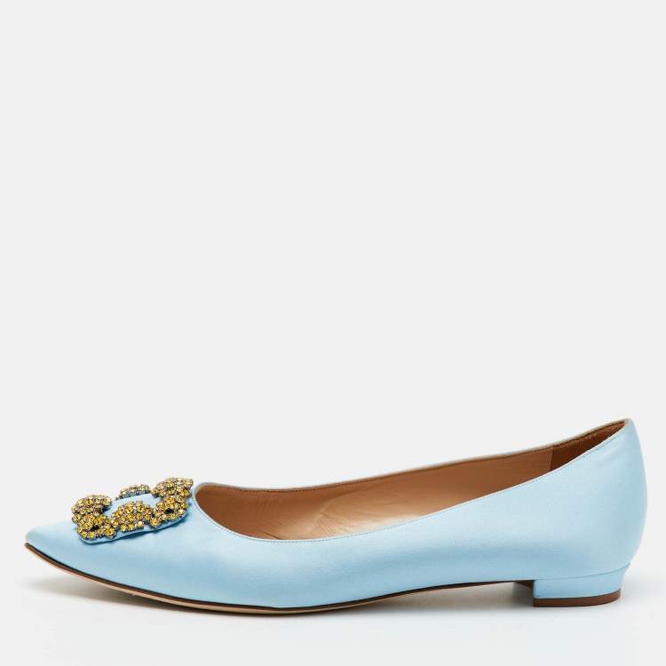 Pre Owned Manolo Blahnik Light Blue Satin Hangisi Ballet Flats Size 39