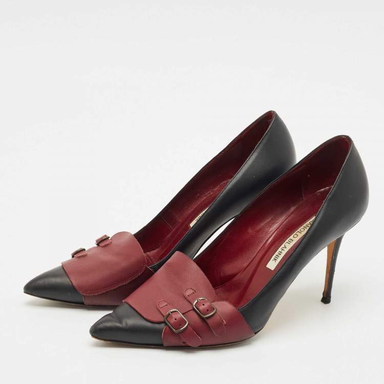 Pre Owned Manolo Blahnik Black/Burgundy Leather Cajada Pointed Toe Pumps Size 38