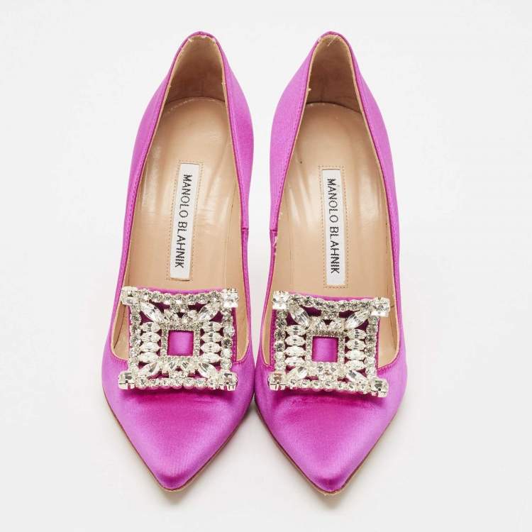 Pre Owned Manolo Blahnik Fuschia Satin Crystal Embellished Borlak Pumps Size 36
