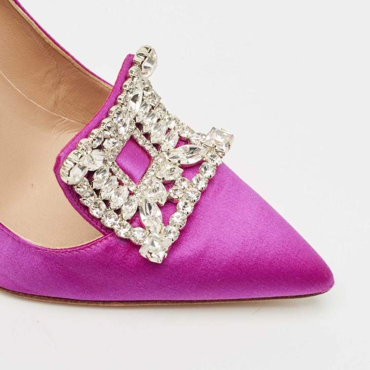 Pre Owned Manolo Blahnik Fuschia Satin Crystal Embellished Borlak Pumps Size 36