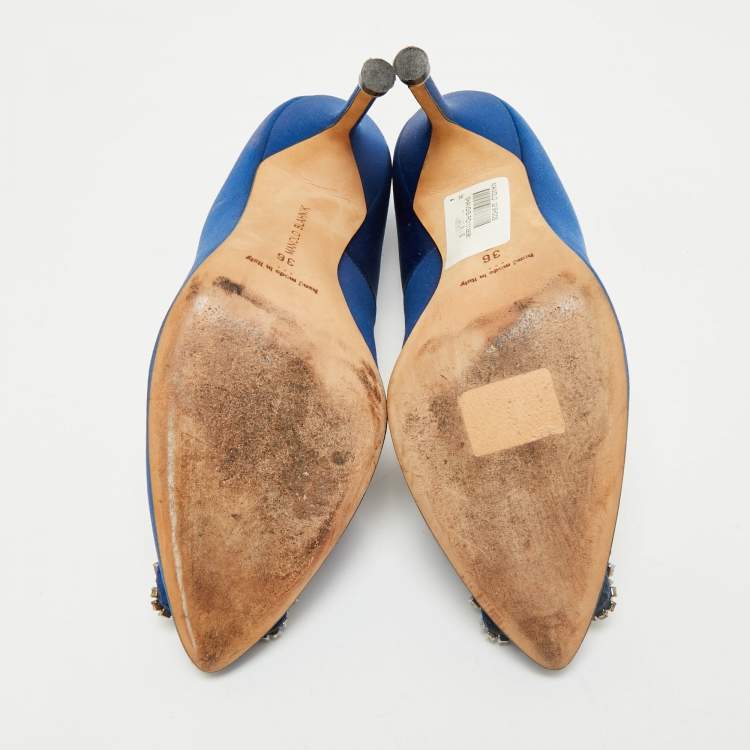 Pre Owned Manolo Blahnik Blue Satin Hangisi Crystal Embellished Pumps Size 36