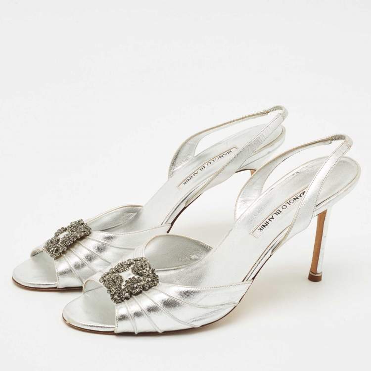 Pre Owned Manolo Blahnik Silver Leather Cassia Slingback Sandals Size 41