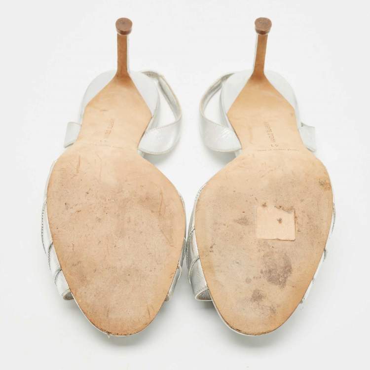 Pre Owned Manolo Blahnik Silver Leather Cassia Slingback Sandals Size 41