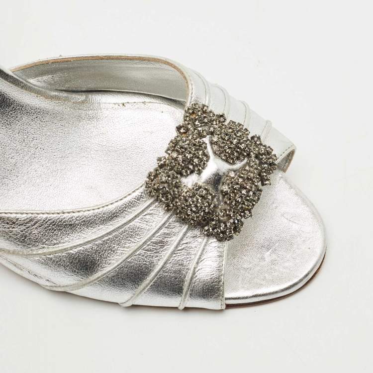 Pre Owned Manolo Blahnik Silver Leather Cassia Slingback Sandals Size 41