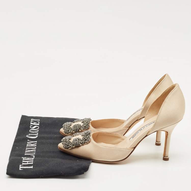 Pre Owned Manolo Blahnik Beige Satin Hangisido D'orsay Pumps Size 34
