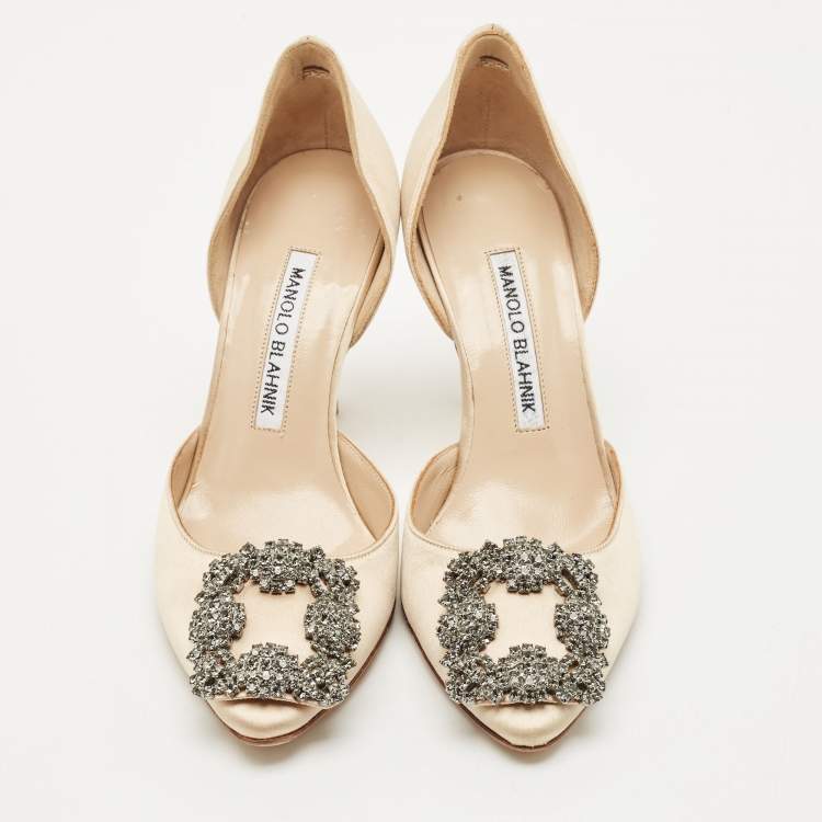 Pre Owned Manolo Blahnik Beige Satin Hangisido D'orsay Pumps Size 34