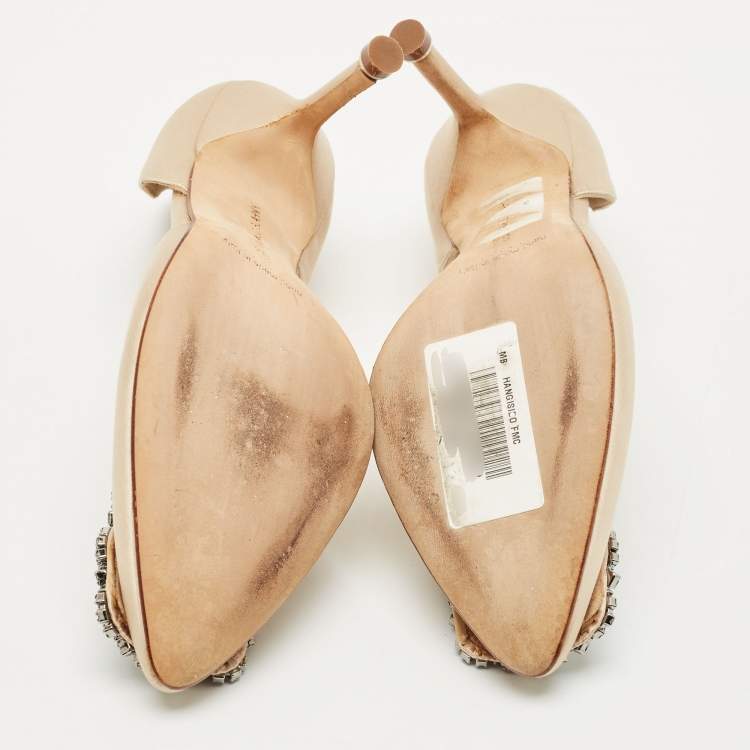 Pre Owned Manolo Blahnik Beige Satin Hangisido D'orsay Pumps Size 34