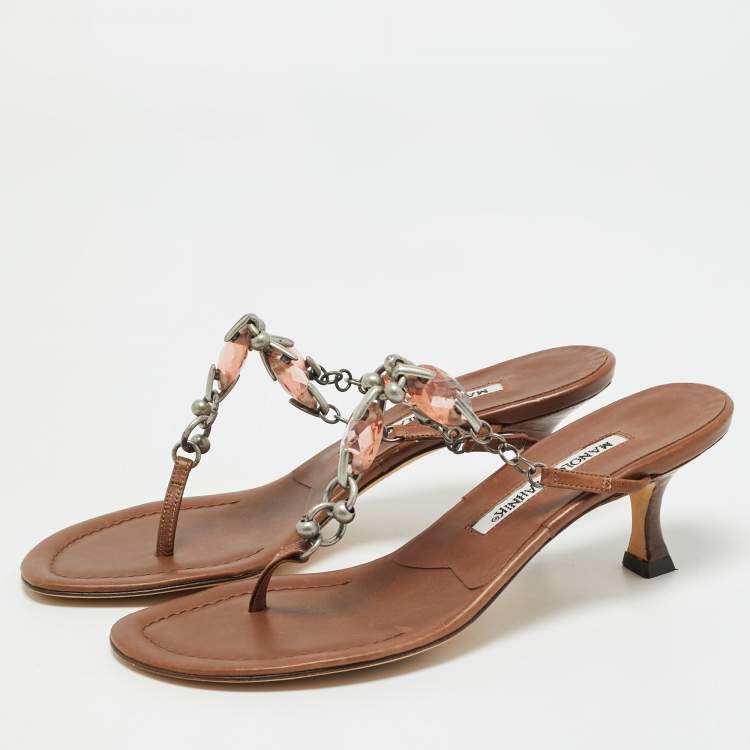Pre Owned Manolo Blahnik Brown Leather Crystal Embellished Thong Slide Sandals Size 36.5