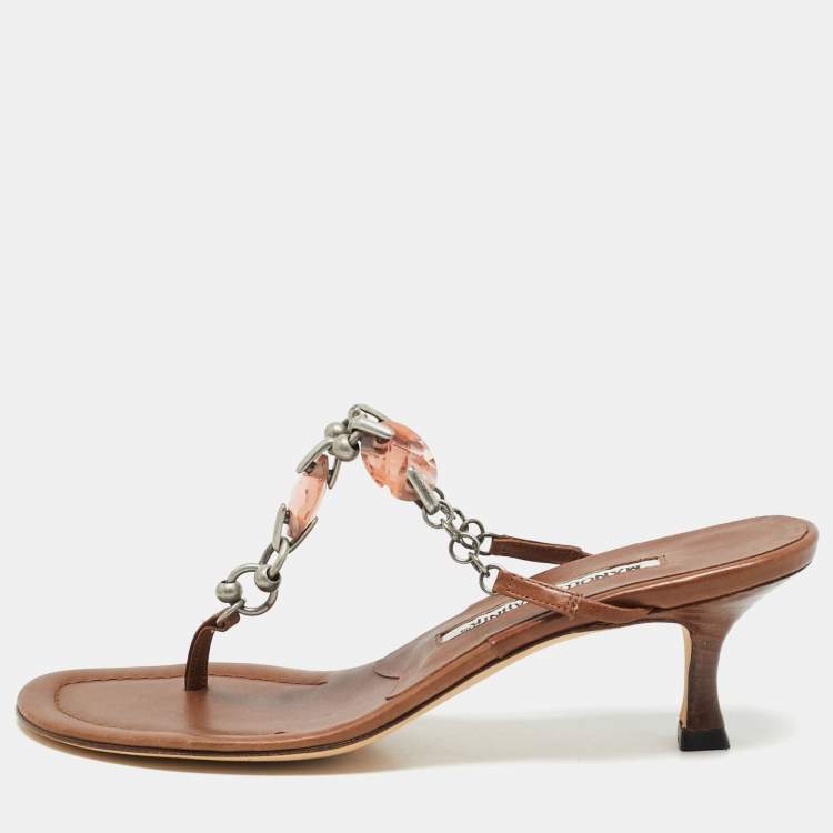 Pre Owned Manolo Blahnik Brown Leather Crystal Embellished Thong Slide Sandals Size 36.5