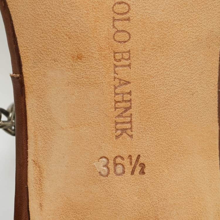 Pre Owned Manolo Blahnik Brown Leather Crystal Embellished Thong Slide Sandals Size 36.5