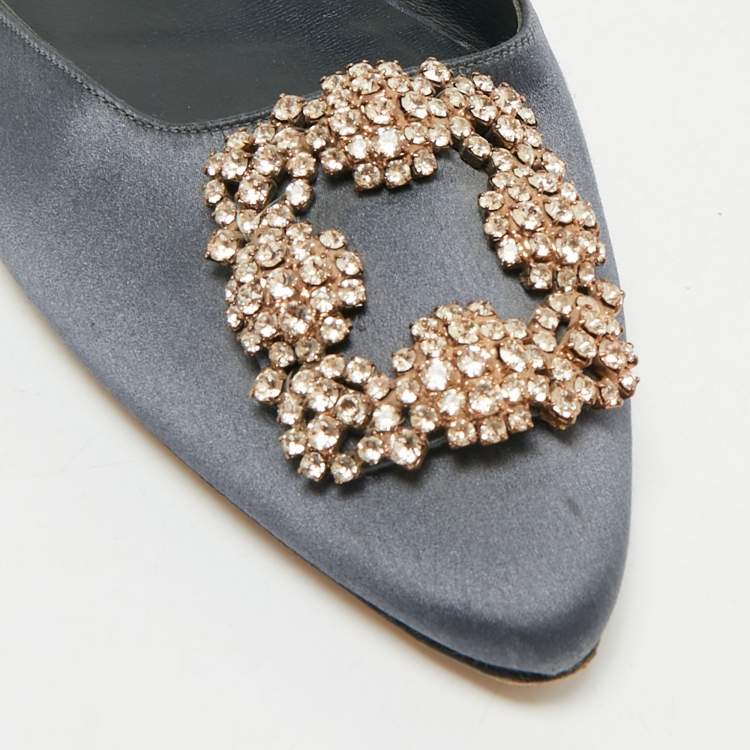Pre Owned Manolo Blahnik Grey Satin Hangisi Flat Mules Size 39