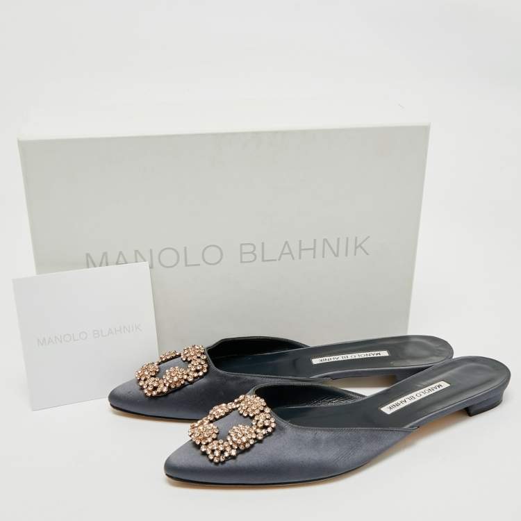 Pre Owned Manolo Blahnik Grey Satin Hangisi Flat Mules Size 39