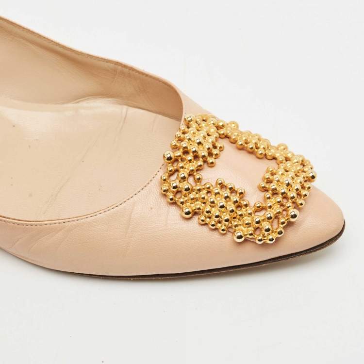 Pre Owned Manolo Blahnik Peach Leather Hangisi Ballet Flats Size 39.5
