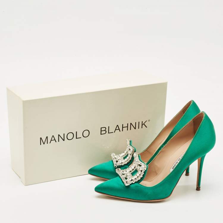 Pre Owned Manolo Blahnik Green Satin Borlak Crystal Embellished Pumps Size 34.5
