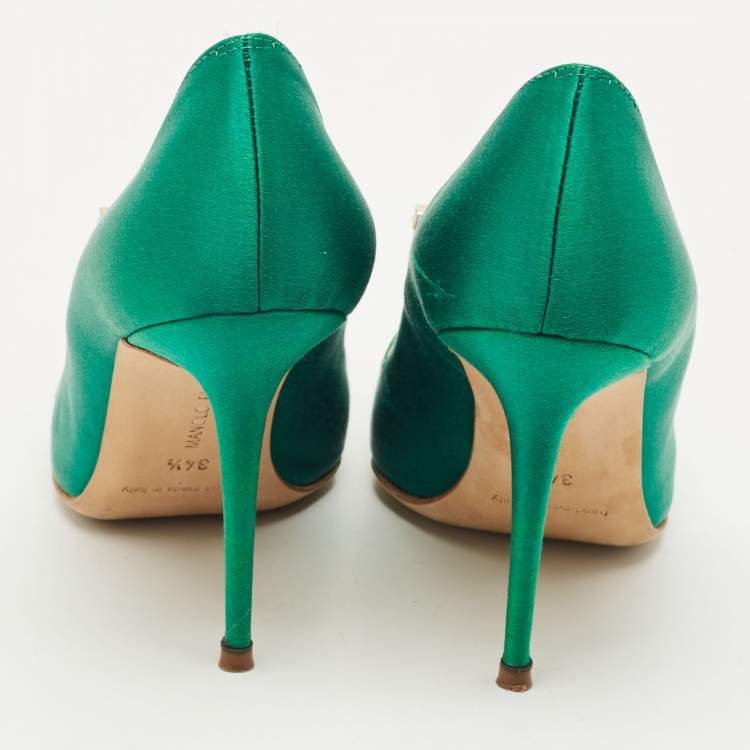 Pre Owned Manolo Blahnik Green Satin Borlak Crystal Embellished Pumps Size 34.5