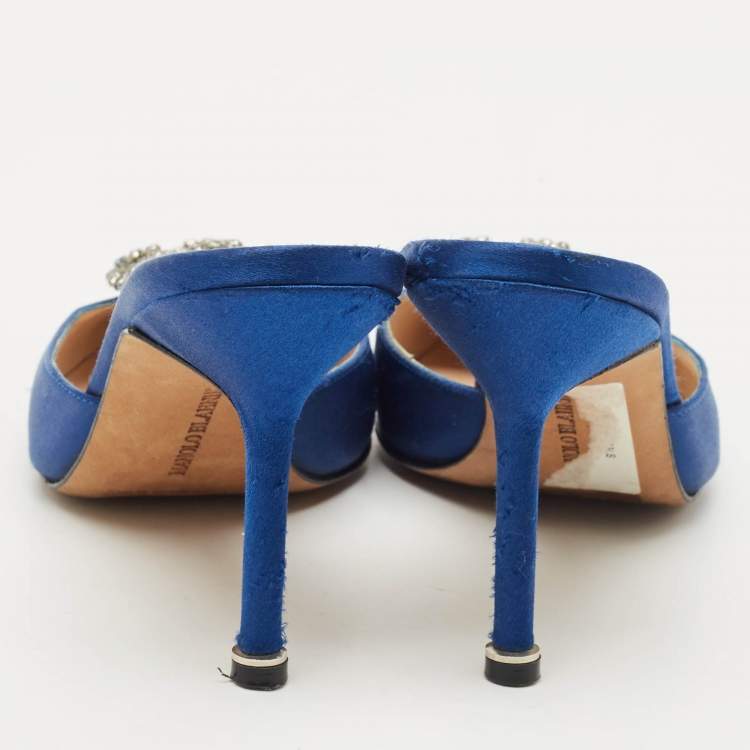 Pre Owned Manolo Blahnik Blue Satin Crystal Buckle Hangisi Mules Size 36