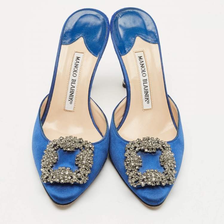 Pre Owned Manolo Blahnik Blue Satin Crystal Buckle Hangisi Mules Size 36