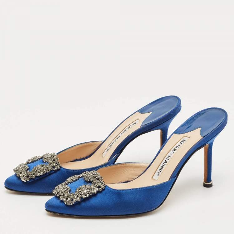 Pre Owned Manolo Blahnik Blue Satin Crystal Buckle Hangisi Mules Size 36