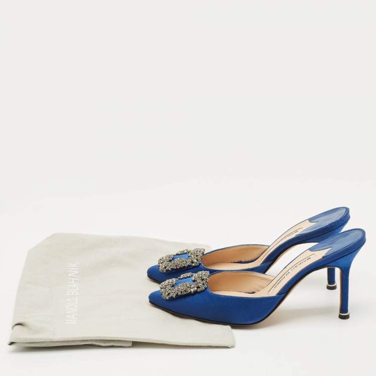 Pre Owned Manolo Blahnik Blue Satin Crystal Buckle Hangisi Mules Size 36