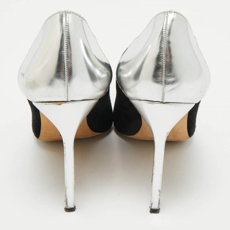 Pre Owned Manolo Blahnik Silver/Black Leather and Suede Osmana Pointed Toe Pumps Size 39.5