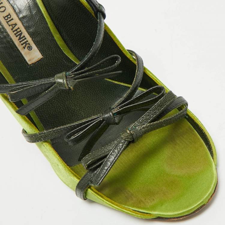 Pre Owned Manolo Blahnik Green Satin Slingback Sandals Size 37.5
